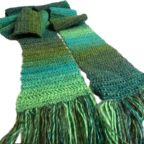 Green Scarf & Hat SET Extra Long Stripes Handmade Crochet Hand Knit Warm NWT - Picture 5 of 11